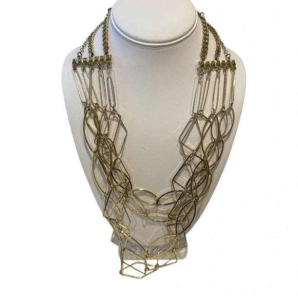 Long Gold-Tone Multi-Strand Layered Geometric Statement Necklace 20” Elegant - Picture 7 of 8